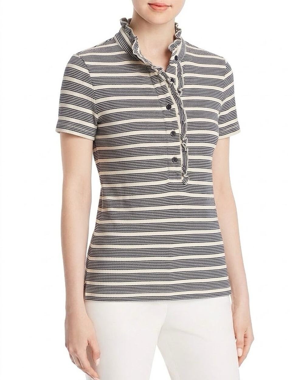 Tory Burch Lidia Ruffle Trim Navy Cream Polo Shirt M Designer Luxury Preppy